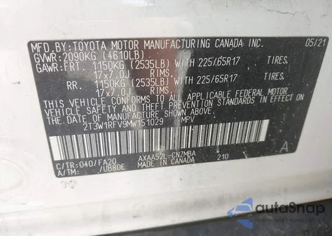2021 Toyota Rav4 Xle z USA, uszkodzony, nr VIN 2T3W1RFV9MW151029